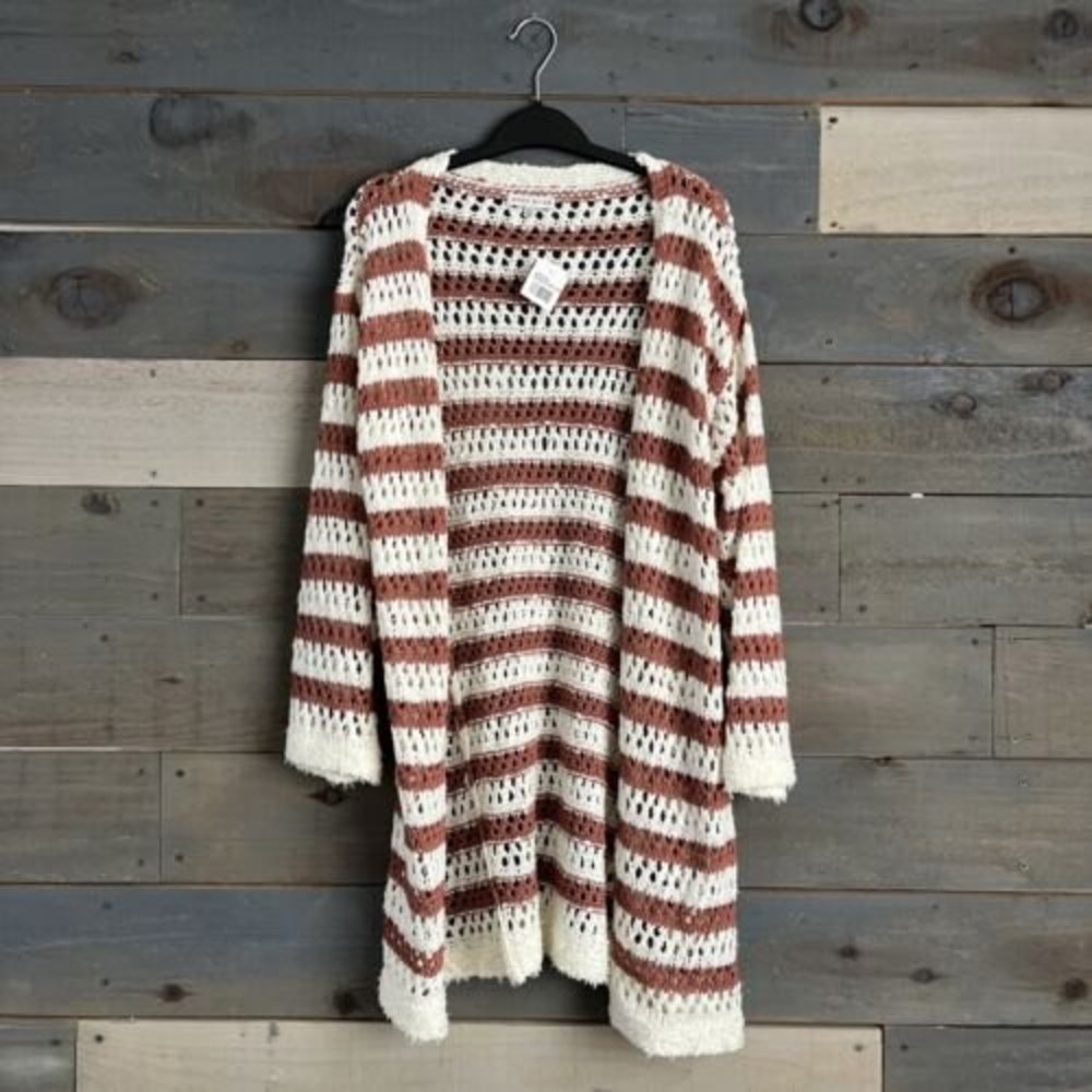 Moon River Striped Pointelle Crochet Open Front Knit Midi Cardigan